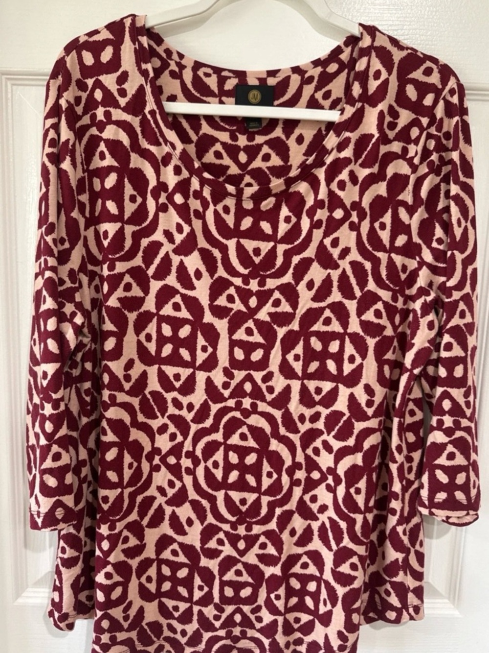 JM Collection Women's PXL 3/4 Sleeve Top Burgundy Multi Tribal Print